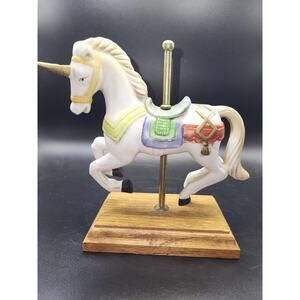 Vintage HandPainted Unicorn Carousel Horse Figurine Wooden Base